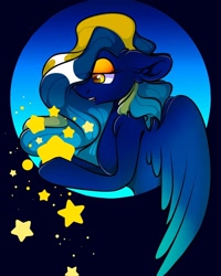Size: 1080x1350 | Tagged: safe, artist:tessa_key_, oc, oc only, pegasus, pony, abstract background, bedroom eyes, bust, eyelashes, female, hoof hold, mare, pegasus oc, solo, stars, tangible heavenly object, wings