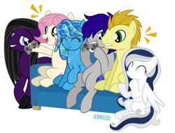 Size: 1200x919 | Tagged: safe, artist:jennieoo, oc, oc:andrewmeda, oc:gentle star, oc:maverick, oc:milky way (sodadrinker11), oc:ocean soul, oc:peanut medley, earth pony, pegasus, pony, angry, clapping, controller, couch, cute, game, gaming, happy, laughing, male, ocbetes, shocked, show accurate, simple background, smiling, stallion, transparent background, wings