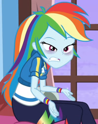 Size: 1920x2416 | Tagged: safe, screencap, rainbow dash, blizzard or bust, equestria girls, equestria girls series, g4, holidays unwrapped, spoiler:eqg series (season 2), clothes, cropped, cutie mark, cutie mark on clothes, female, geode of super speed, hoodie, jewelry, magical geodes, makeup, necklace, rainbow dash is best facemaker, solo, window