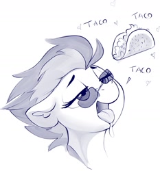 Size: 1636x1757 | Tagged: safe, artist:dimfann, spitfire, pegasus, pony, g4, bust, drool, female, floppy ears, food, heart, lidded eyes, mare, monochrome, open mouth, sketch, solo, sunglasses, taco, three quarter view, tongue out