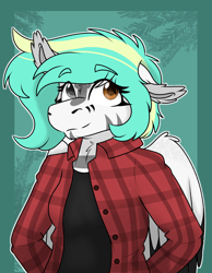 Size: 1152x1488 | Tagged: safe, artist:rokosmith26, oc, oc only, oc:rokosmith, anthro, buttons, clothes, female, flannel, floppy ears, heterochromia, looking up, markings, simple background, smiling, solo, standing, wings