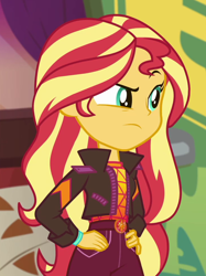 Size: 734x980 | Tagged: safe, screencap, sunset shimmer, equestria girls, equestria girls series, g4, sunset's backstage pass!, spoiler:eqg series (season 2), cropped, hand on hip, solo