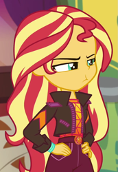 Size: 661x959 | Tagged: safe, screencap, sunset shimmer, equestria girls, equestria girls series, g4, sunset's backstage pass!, spoiler:eqg series (season 2), cropped, female, geode of empathy, hand on hip, magical geodes, music festival outfit, solo, sunset shimmer is not amused, unamused