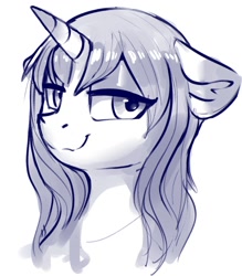 Size: 1062x1212 | Tagged: safe, artist:dimfann, oc, oc only, oc:sylvine, pony, unicorn, lidded eyes, looking at you, sketch, smiling, solo