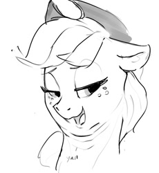 Size: 823x896 | Tagged: safe, artist:dimfann, applejack, earth pony, pony, g4, dialogue, lidded eyes, looking at you, open mouth, sketch, smiling, solo, triple chin, y'all