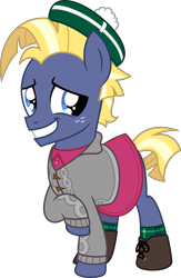 Size: 1773x2720 | Tagged: safe, artist:peternators, star tracker, earth pony, pony, g4, boots, clothes, cosplay, costume, crossdressing, crossplay, dress, grin, hat, male, nervous, nervous smile, pokemon sword and shield, pokémon, shoes, simple background, smiling, socks, solo, starcrossed, teenager, trainer, transparent background, two toned mane