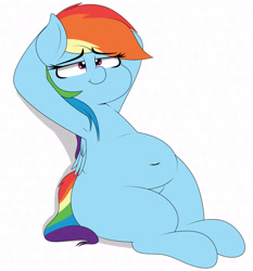 Size: 3264x3500 | Tagged: safe, artist:blitzyflair, rainbow dash, pegasus, pony, g4, :t, arm behind head, armpits, belly button, chubby, female, high res, lidded eyes, mare, missing cutie mark, plump, relaxing, sitting, smiling, solo, wide hips