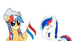 Size: 1228x691 | Tagged: safe, artist:ashidaru, edit, oc, oc:ember, oc:ember (hwcon), oc:marussia, earth pony, pony, blue eyes, duo, duo female, dutch, eyes closed, facehoof, female, flag, happy, holding a flag, multicolored mane, multicolored tail, nation ponies, netherlands, pigtails, ponified, russia, russian, shiny mane, twintails
