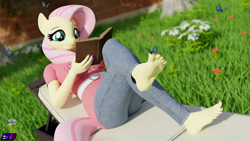 Size: 3840x2160 | Tagged: safe, artist:shadowboltsfm, fluttershy, butterfly, anthro, plantigrade anthro, g4, 3d, 4k, barefoot, blender, book, crossed legs, cute, eyelashes, feet, high res, nail polish, nature, not sfm, reading, sitting, smiling, soles, solo, toenail polish, toes, wiggling toes