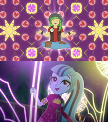 Size: 1280x1440 | Tagged: safe, edit, edited screencap, screencap, sandalwood, sonata dusk, a banner day, equestria girls, find the magic, g4, my little pony equestria girls: better together, collidoscope, female, male, meditating, neon garden maze, psychedelic, sandata, shipping, shipping domino, straight