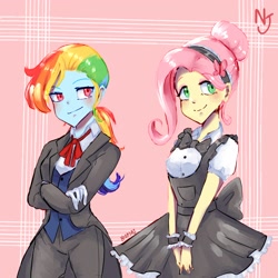 Size: 2000x2000 | Tagged: safe, artist:niorsaj, fluttershy, rainbow dash, equestria girls, g4, alternate hairstyle, bowtie, butler, clothes, crossed arms, cute, dress, duo, female, fluttermaid, hair bun, hairband, high res, maid, ponytail, suit, wrong eye color