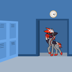 Size: 1280x1280 | Tagged: safe, artist:askavrobishop, oc, oc:bishop, pegasus, pony, comic:askavrobishop, airfield, clothes, feathered wings, female, flight suit, goggles, locker room, mare, solo, wing hands, wings