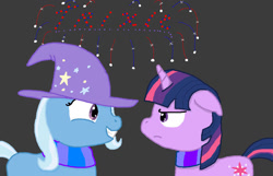 Size: 930x600 | Tagged: safe, artist:dutch-brony, trixie, twilight sparkle, pony, unicorn, g4, clothes, fireworks, gray background, looking at each other, scarf, simple background