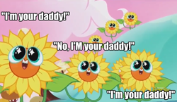 Size: 870x505 | Tagged: safe, edit, edited screencap, screencap, do princesses dream of magic sheep, g4, season 5, caption, flower, goosebumps, image macro, nightmare sunflower, stay out of the basement, sunflower, text