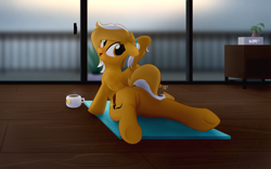 Size: 4000x2500 | Tagged: safe, artist:potato22, oc, oc only, oc:mareota, pegasus, pony, alarm clock, butt, clock, cup, dock, food, looking at you, looking back, plot, smiling, solo, stretching, tea, teacup, underhoof, window