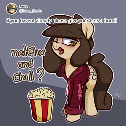 Size: 1500x1500 | Tagged: safe, artist:lou, oc, oc only, oc:louvely, earth pony, pony, clothes, dialogue, female, food, hoodie, looking at you, netflix and chill, popcorn, smiling, solo