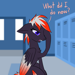 Size: 1280x1280 | Tagged: safe, artist:askavrobishop, oc, oc:bishop, pegasus, pony, comic:askavrobishop, airfield, clothes, feathered wings, female, flight suit, locker room, lockers, mare, solo, wings