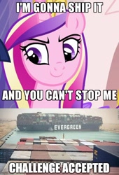 Size: 500x737 | Tagged: safe, edit, edited screencap, screencap, princess cadance, g4, games ponies play, season 3, challenge accepted, container ship, current events, ever given, ever given (container ship), evergreen marine corporation, irl, meme, photo, princess of shipping, pun, suez canal, visual pun