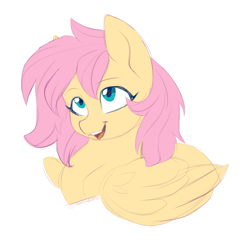 Size: 2500x2500 | Tagged: source needed, safe, artist:cottonaime, artist:mirtash, fluttershy, pegasus, pony, g4, alternate hairstyle, cute, high res, looking up, open mouth, shyabetes, simple background, smiling, solo, white background