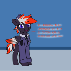Size: 1280x1280 | Tagged: safe, artist:askavrobishop, oc, oc:bishop, pegasus, pony, comic:askavrobishop, airfield, clothes, feathered wings, female, flight suit, locker room, lockers, mare, solo, uniform, wings