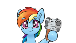 Size: 1920x1080 | Tagged: safe, artist:yelowcrom, rainbow dash, pegasus, pony, g4, beanbrows, bust, cute, delet this, eyebrows, eyebrows visible through hair, female, floating eyebrows, front view, full face view, grimcute, gun, hoof hold, looking at you, m1911, mare, simple background, smiling, solo, wallpaper, weapon, white background