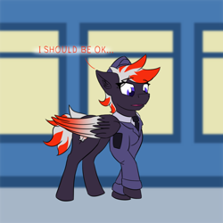 Size: 1280x1280 | Tagged: safe, artist:askavrobishop, oc, oc:bishop, pegasus, pony, comic:askavrobishop, airfield, clothes, feathered wings, female, flight suit, locker room, lockers, mare, solo, uniform, window, wings