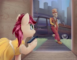 Size: 4200x3300 | Tagged: safe, artist:viwrastupr, discord, roseluck, earth pony, human, pony, fanfic:fine print, g4, car, cellphone, clock, clothes, dress, facial hair, fanfic art, grass, hat, humanized, moustache, phone, ponies with technology, smartphone, top hat, yo-yo