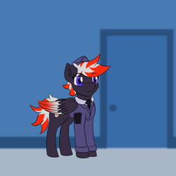 Size: 1280x1280 | Tagged: safe, artist:askavrobishop, oc, oc:bishop, pegasus, pony, comic:askavrobishop, airfield, clothes, feathered wings, female, flight suit, locker room, lockers, mare, solo, uniform, wings