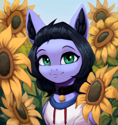 Size: 2000x2118 | Tagged: safe, artist:mrscroup, oc, oc only, oc:skiu, pegasus, pony, art trade, bell, collar, female, flower, green eyes, high res, solo, sunflower