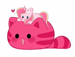 Size: 4096x3123 | Tagged: safe, artist:kittyrosie, oc, oc only, oc:rosa flame, cat, pony, unicorn, blushing, chibi, crossover, cute, flower, flower in hair, heart, ocbetes, slime, slime rancher, smiling, solo