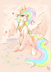 Size: 1537x2145 | Tagged: safe, artist:alexandrvirus, princess celestia, alicorn, pony, g4, cute, cutelestia, female, flower, heart, heart eyes, looking at you, mare, sitting, smiling, solo, spread wings, turned head, wingding eyes, wings