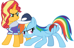 Size: 1024x663 | Tagged: safe, artist:emeraldblast63, rainbow dash, sunset shimmer, pegasus, pony, unicorn, g4, ball, buckball, clothes, coach rainbow dash, competitive, duo, duo female, female, friends, mare, simple background, transparent background, vector, wing hands, wings