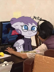 Size: 720x956 | Tagged: safe, artist:djmatinext, edit, editor:notxweeb, oc, oc only, oc:vylet, human, pegasus, pony, base used, clothes, cutie mark, ear fluff, glasses, headphones, hoodie, meme, phone drawing, puzzle, sitting, solo, watermark, wings