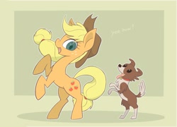 Size: 2575x1858 | Tagged: safe, artist:noupu, applejack, winona, dog, earth pony, pony, g4, colored pupils, cowboy hat, cute, duo, female, freckles, hat, jackabetes, mare, open mouth, profile, rearing, yeehaw