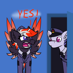 Size: 1280x1280 | Tagged: safe, artist:askavrobishop, oc, oc:bishop, pegasus, pony, comic:askavrobishop, clothes, feathered wings, female, hallway, male, mare, open mouth, spread wings, stallion, uniform, wings, yelling, yes