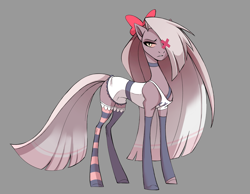Size: 2561x1989 | Tagged: safe, artist:1an1, angel, angel pony, earth pony, moth, mothpony, original species, pony, bow, clothes, disguise, disguised angel, fallen angel, female, hazbin hotel, hellaverse, mare, mismatched socks, missing eye, moth angel, mothpony angel, ponified, socks, solo, stockings, striped socks, striped stockings, that's entertainment, thigh highs, vaggie