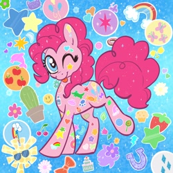 Size: 2048x2048 | Tagged: safe, artist:pfeffaroo, pinkie pie, earth pony, pony, g4, abstract background, applejack's cutie mark, cactus, cutie mark, female, fluttershy's cutie mark, high res, looking at you, mare, one eye closed, pinkie pie's cutie mark, rainbow dash's cutie mark, raised leg, rarity's cutie mark, raspberry, smiling, solo, sticker, sunglasses, three quarter view, tongue out, twilight sparkle's cutie mark, wink, winking at you