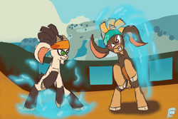 Size: 2000x1333 | Tagged: safe, artist:hiddelgreyk, shanty (tfh), goat, them's fightin' herds, bandana, cloven hooves, community related, female, fighting stance, simple background, the capricorn (tfh), water