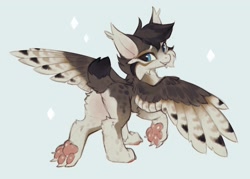 Size: 1728x1240 | Tagged: safe, artist:hioshiru, oc, oc only, big cat, bobcat, sphinx, blue eyes, butt, looking at you, looking back, markings, paw pads, paws, plot, raised leg, solo, sphinx oc, tail, underpaw, wings