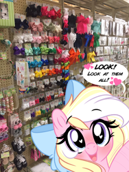 Size: 1536x2048 | Tagged: safe, artist:emberslament, oc, oc only, oc:bay breeze, pegasus, pony, blushing, bow, cute, excited, female, hair bow, happy, heart eyes, irl, looking at you, looking up, looking up at you, mare, ocbetes, photo, ponies in real life, solo, speech bubble, store, talking to viewer, waving, wingding eyes