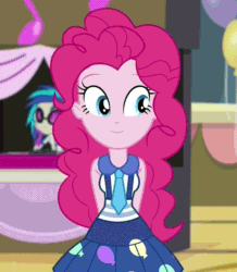 Size: 838x961 | Tagged: source needed, safe, screencap, dj pon-3, pinkie pie, vinyl scratch, equestria girls, g4, my little pony equestria girls: friendship games, animated, balloon, blinking, clothes, cute, cute face, diapinkes, dress, happy, necktie, smiling, solo focus