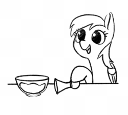 Size: 1883x1684 | Tagged: safe, artist:taytinabelle, derpibooru exclusive, derpy hooves, pegasus, pony, g4, 2-3 honks per cup, 4chan, animated, baking, batter, black and white, bowl, bulb horn, cooking, female, food, grayscale, happy, honk, mare, monochrome, reference in the description, silly, silly pony, simple background, sketch, smiling, solo, white background