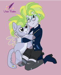 Size: 991x1203 | Tagged: safe, artist:violetfeatheroficial, oc, oc only, oc:cloud drift, pegasus, pony, equestria girls, g4, augmented tail, boots, clothes, commission, equestria girls-ified, eyeshadow, female, high heel boots, jacket, makeup, mare, markings, multicolored hair, plushie, purple background, ripped stockings, shoes, shorts, simple background, socks, solo, stockings, striped socks, sunglasses, tank top, thigh highs, torn clothes, torn socks, ych result