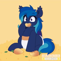 Size: 4000x4000 | Tagged: oc name needed, safe, artist:duckie, oc, oc only, bat pony, pony, abdl, abstract background, adult foal, bat pony oc, blushing, diaper, eye clipping through hair, eyebrows, eyebrows visible through hair, food, fruit, herbivore, looking at you, mango, simple background, sitting, solo