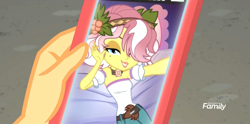 Size: 1417x705 | Tagged: safe, screencap, applejack, vignette valencia, equestria girls, equestria girls specials, g4, my little pony equestria girls: better together, my little pony equestria girls: rollercoaster of friendship, cellphone, discovery family logo, phone, solo focus