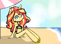 Size: 1480x1080 | Tagged: safe, artist:pink flame, sunset shimmer, equestria girls, g4, beach, bikini, clothes, swimsuit