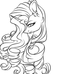 Size: 1080x1350 | Tagged: safe, artist:tessa_key_, rarity, pony, unicorn, g4, bedroom eyes, bust, ear fluff, eyelashes, female, frown, horn, lineart, mare, monochrome, simple background, solo, white background