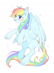 Size: 1594x2133 | Tagged: safe, artist:leafywind, rainbow dash, pegasus, pony, g4, blushing, female, mare, missing cutie mark, simple background, smiling, solo, sparkles, white background