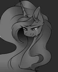 Size: 1080x1350 | Tagged: safe, artist:tessa_key_, princess luna, alicorn, pony, g4, bust, colored, crying, ear fluff, eyelashes, female, grayscale, horn, mare, monochrome, simple background, solo, white background