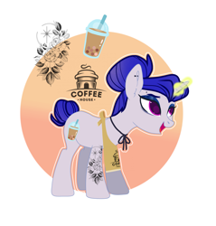 Size: 3923x4096 | Tagged: safe, artist:mikkaella, oc, oc only, oc:mellow mocha, pony, unicorn, apron, barista, bedroom eyes, clothes, ear piercing, earring, eyebrow piercing, eyeshadow, female, glowing horn, horn, jewelry, magic, makeup, mare, open mouth, piercing, solo, tattoo